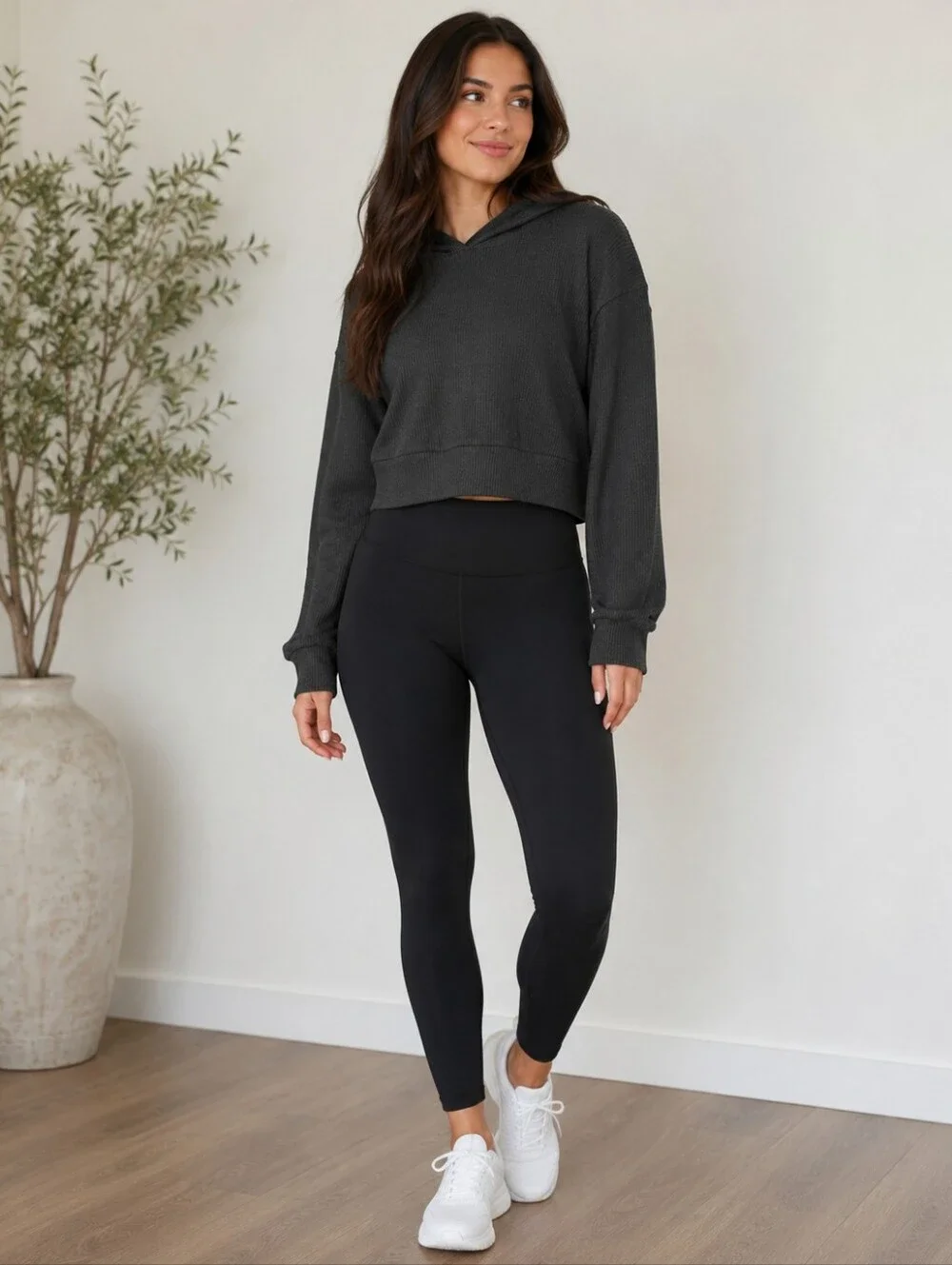Stitch N Pine Ribbed Cropped Charcoal Hoodie-Med